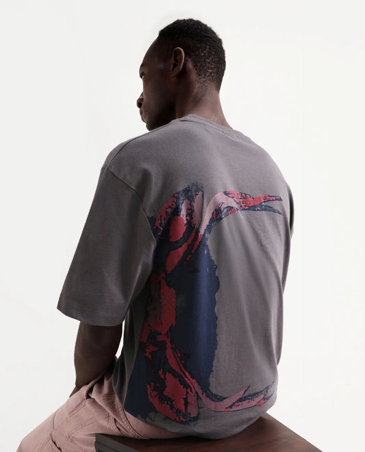 Rare Rabbit Men's Rigy Dark Grey Cotton Graphic Print Oversized Fit Half Sleeve Crew Neck T-Shirt