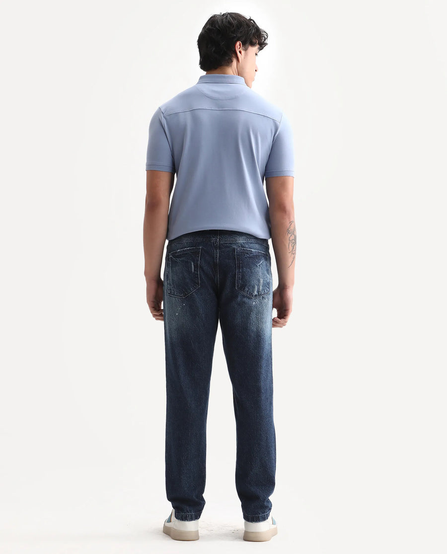 Rare Rabbit Men's Riley Blue Cotton Plain Kurt Carrot Fit Jeans