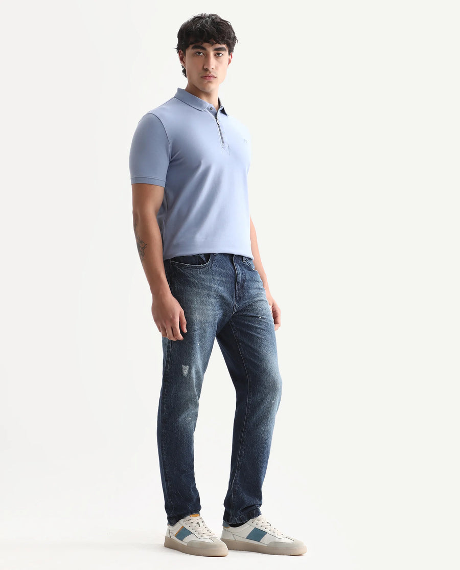 Rare Rabbit Men's Riley Blue Cotton Plain Kurt Carrot Fit Jeans