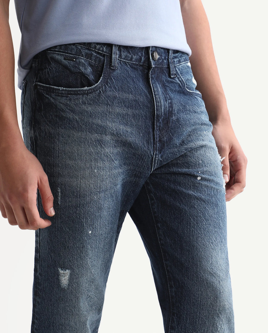 Rare Rabbit Men's Riley Blue Cotton Plain Kurt Carrot Fit Jeans