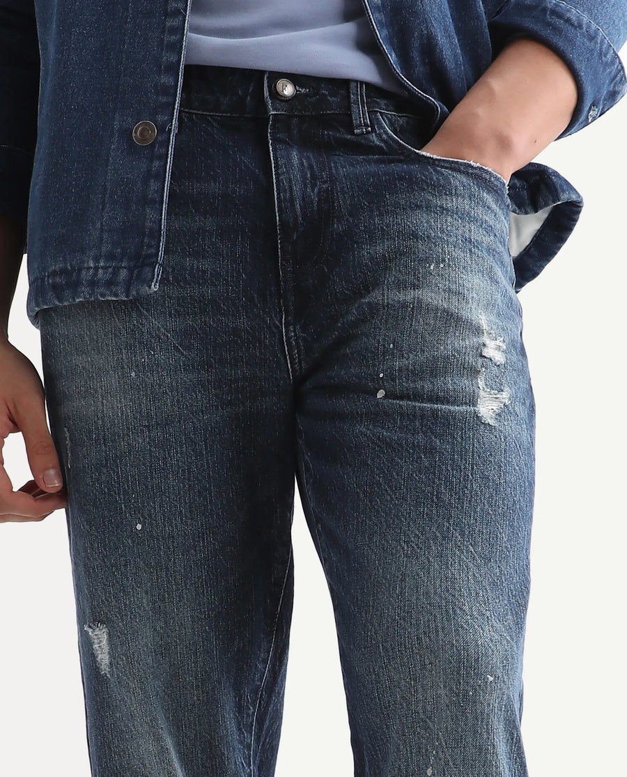 Rare Rabbit Men's Riley Blue Cotton Plain Kurt Carrot Fit Jeans