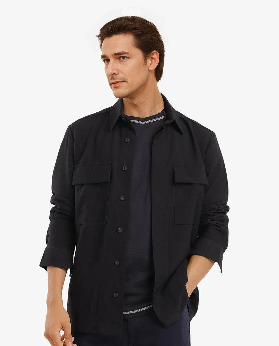 Rare Rabbit Men's Rimal Black Viscose Blend Plain Regular Fit Full Sleeve Collared Shirt