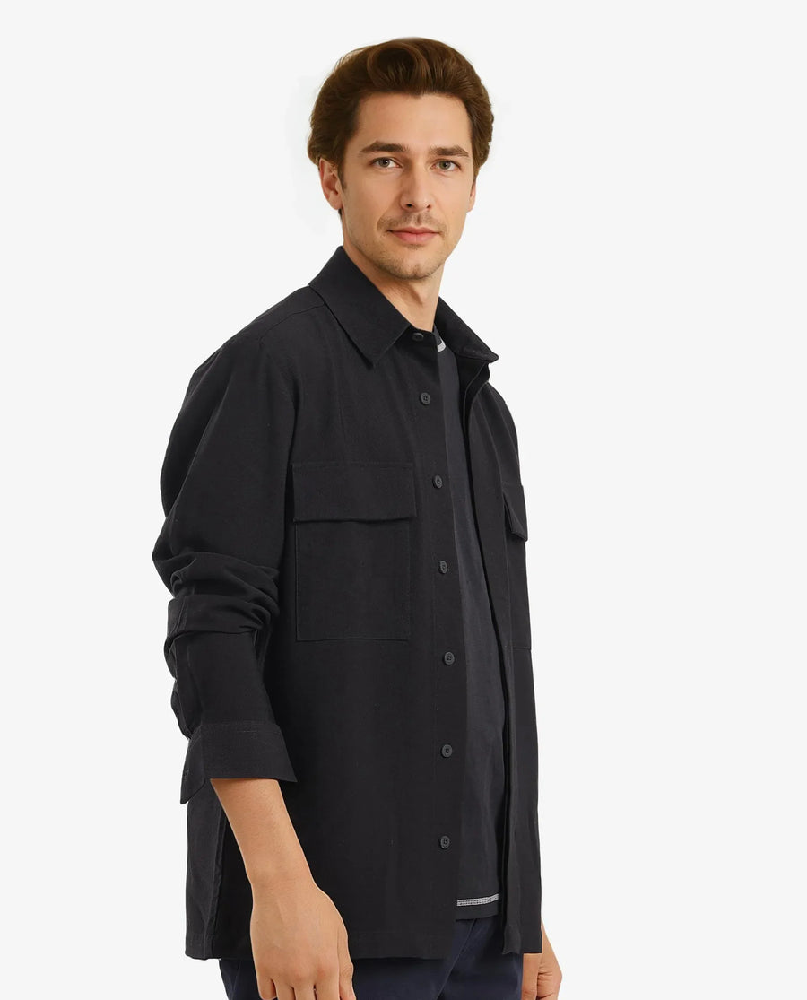 Rare Rabbit Men's Rimal Black Viscose Blend Plain Regular Fit Full Sleeve Collared Shirt