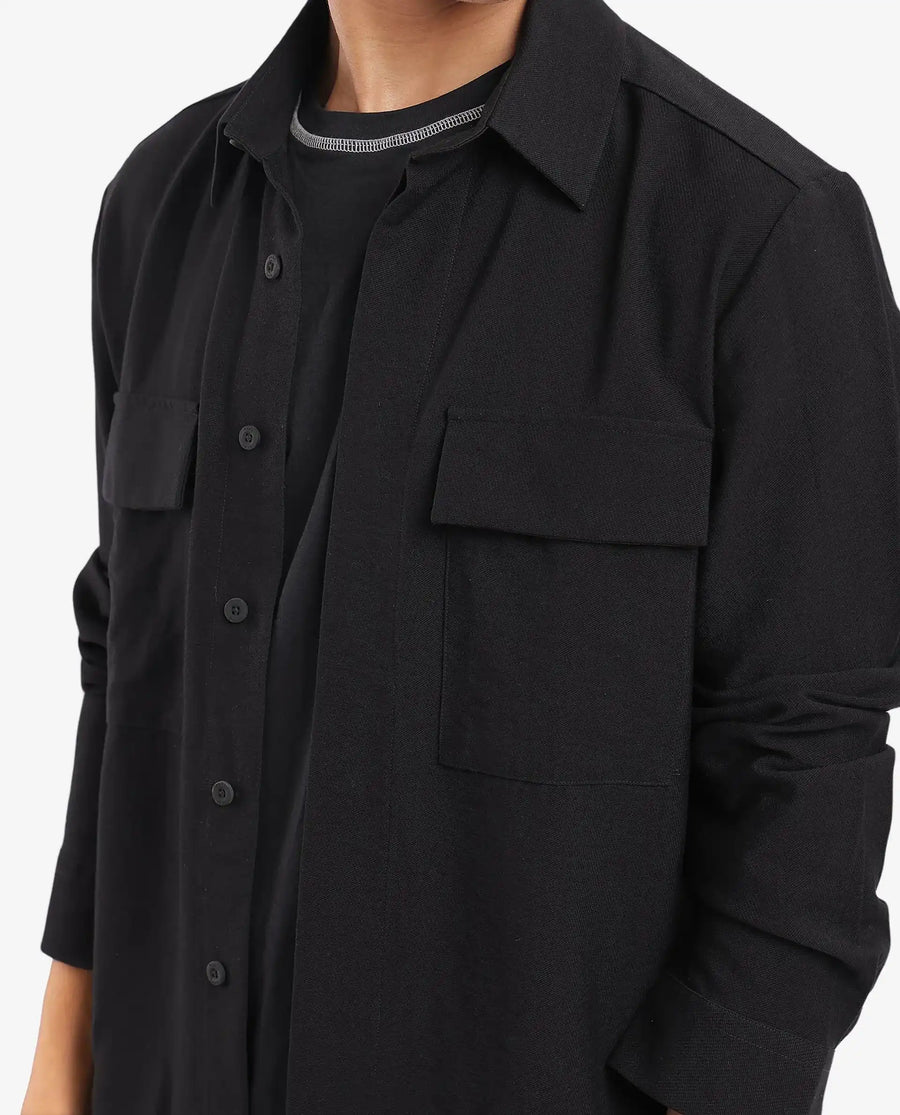 Rare Rabbit Men's Rimal Black Viscose Blend Plain Regular Fit Full Sleeve Collared Shirt