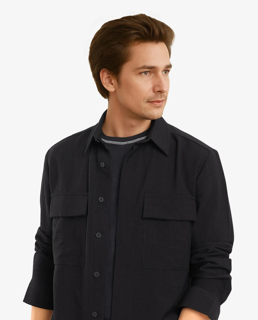 Rare Rabbit Men's Rimal Black Viscose Blend Plain Regular Fit Full Sleeve Collared Shirt