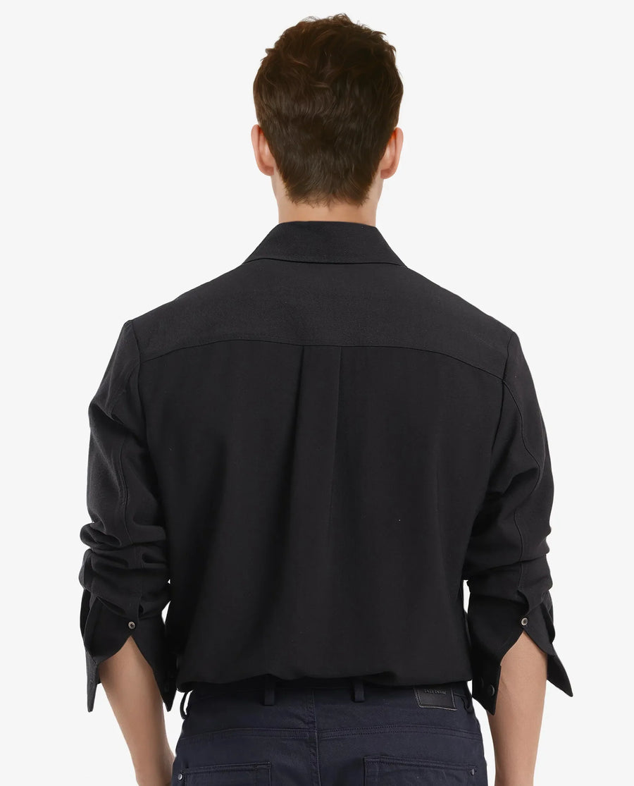 Rare Rabbit Men's Rimal Black Viscose Blend Plain Regular Fit Full Sleeve Collared Shirt