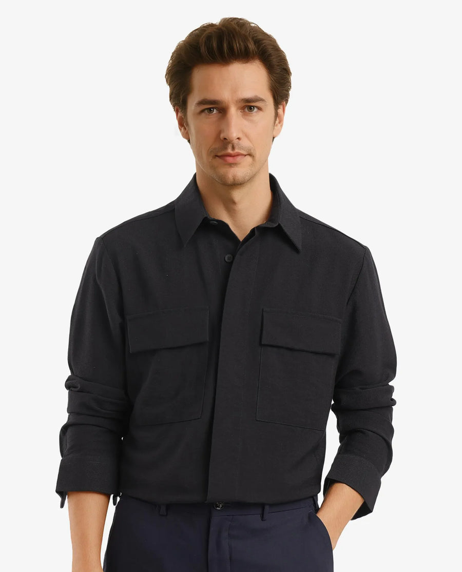 Rare Rabbit Men's Rimal Black Viscose Blend Plain Regular Fit Full Sleeve Collared Shirt