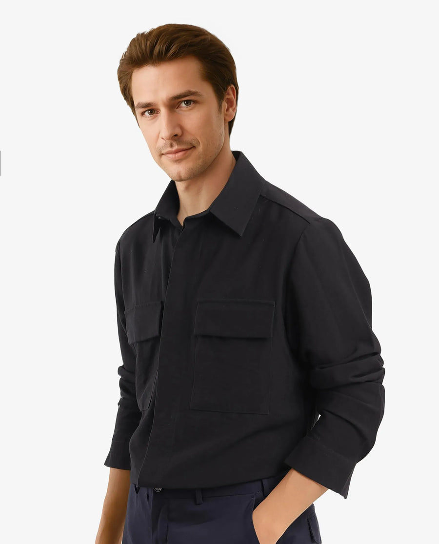 Rare Rabbit Men's Rimal Black Viscose Blend Plain Regular Fit Full Sleeve Collared Shirt