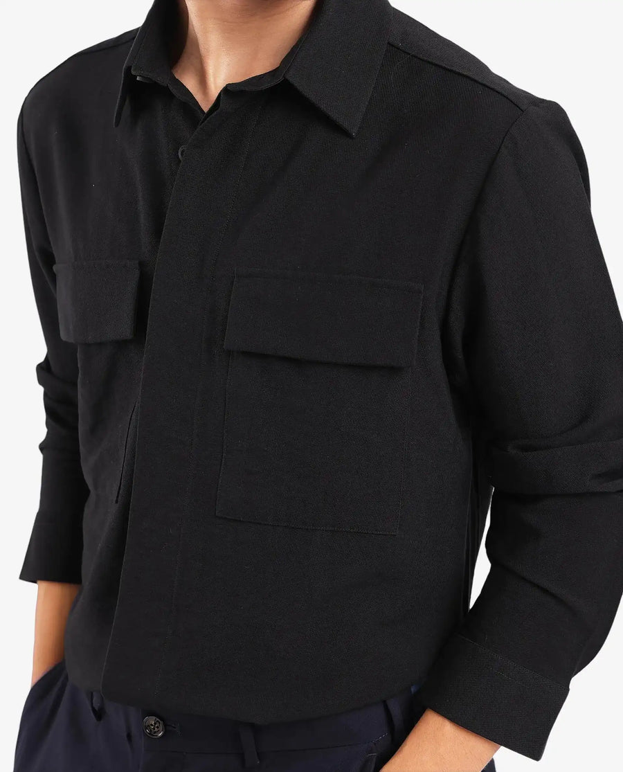 Rare Rabbit Men's Rimal Black Viscose Blend Plain Regular Fit Full Sleeve Collared Shirt