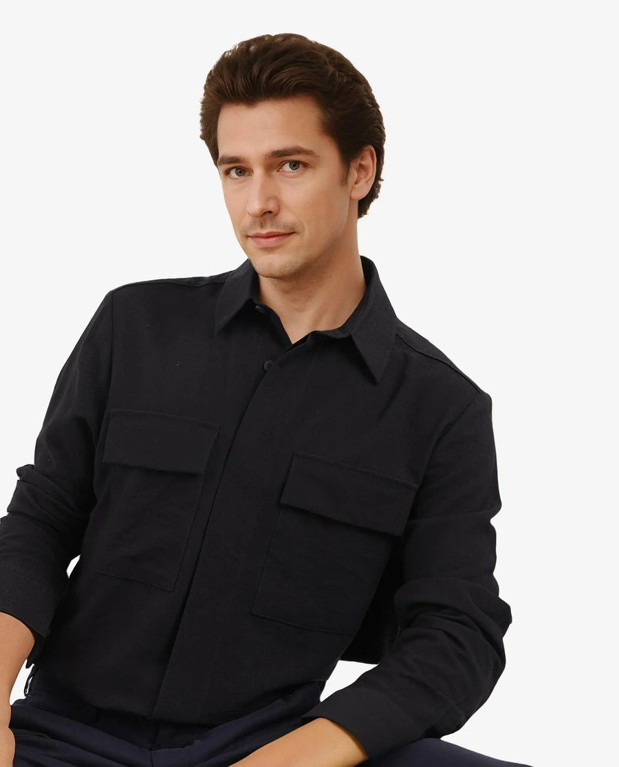 Rare Rabbit Men's Rimal Black Viscose Blend Plain Regular Fit Full Sleeve Collared Shirt