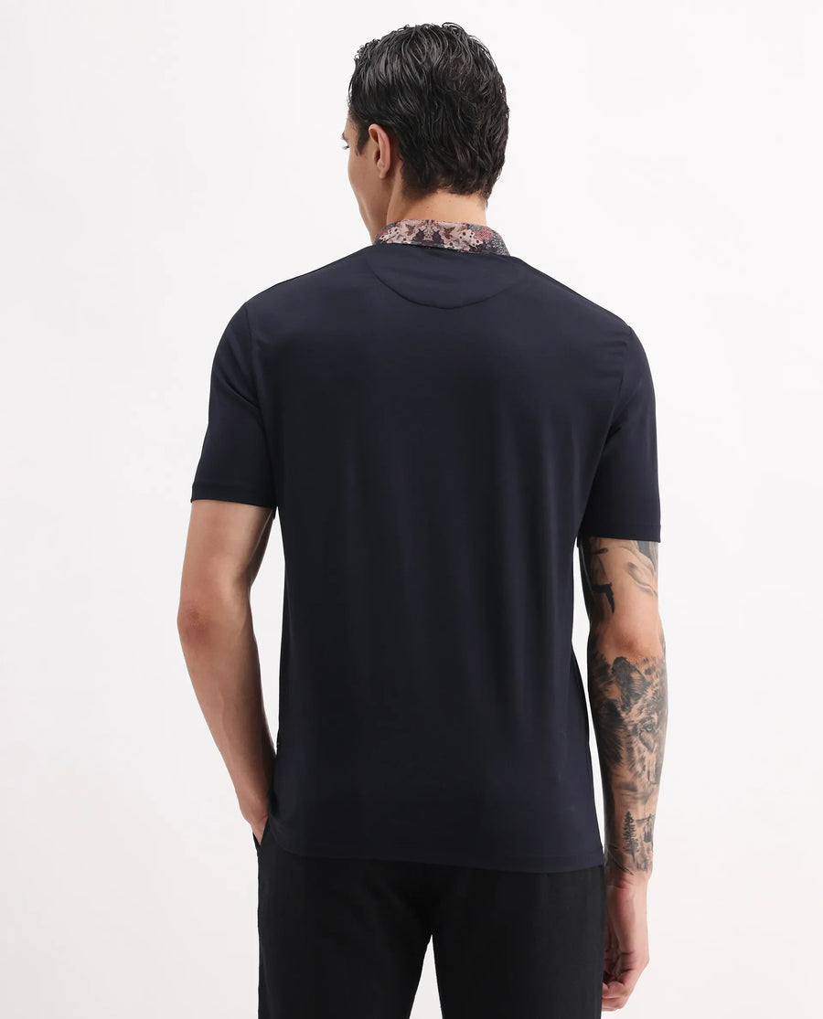 Rare Rabbit Men's Ringer-2 Dark Navy Cotton Plain Regular Fit Half Sleeve Polo