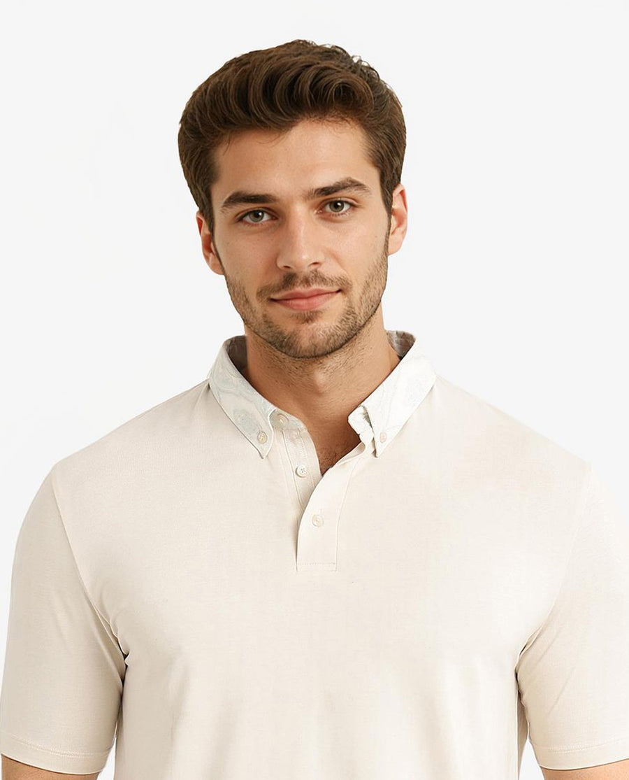 Rare Rabbit Men's Ringer-2 Off White Cotton Plain Regular Fit Half Sleeve Polo