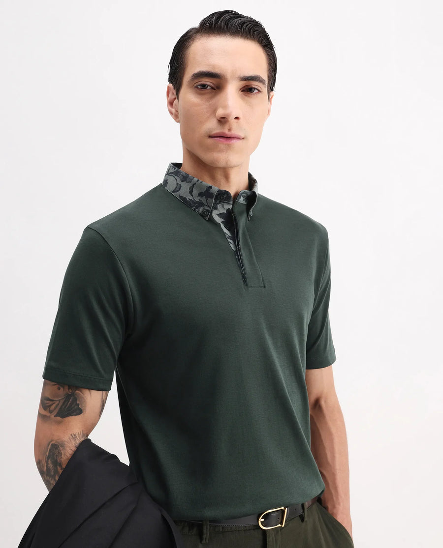 Rare Rabbit Men's Ringer-A25 Dark Green Cotton Plain Regular Fit Half Sleeve Polo