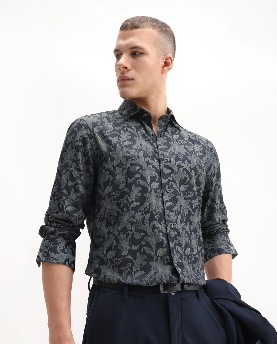 Rare Rabbit Men's Ringer-S Dusky Green Cotton Jacquard Regular Fit Full Sleeve Collared Shirt