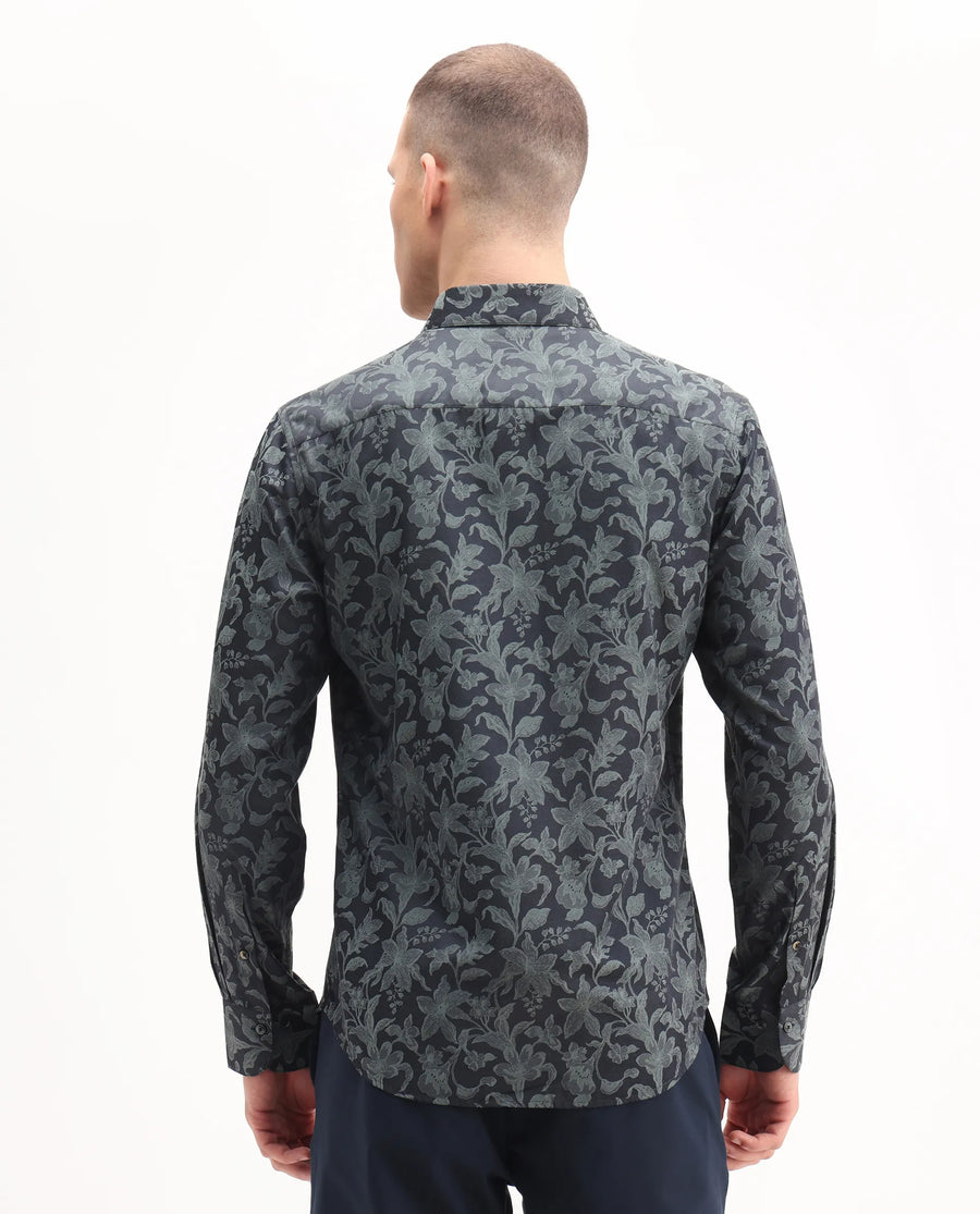 Rare Rabbit Men's Ringer-S Dusky Green Cotton Jacquard Regular Fit Full Sleeve Collared Shirt
