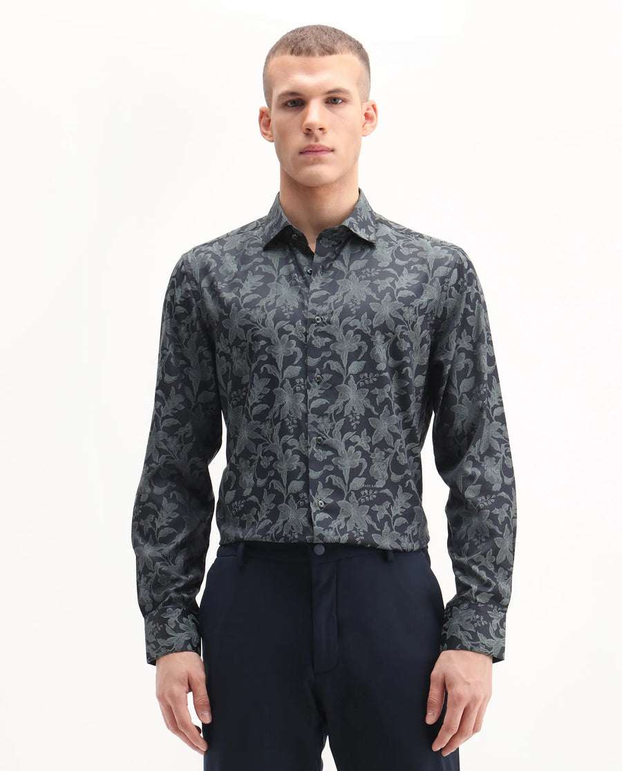 Rare Rabbit Men's Ringer-S Dusky Green Cotton Jacquard Regular Fit Full Sleeve Collared Shirt