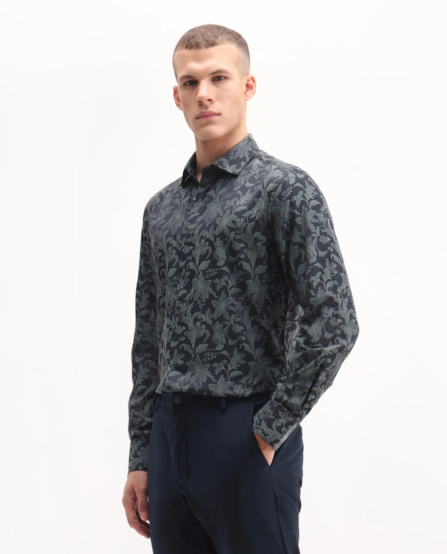 Rare Rabbit Men's Ringer-S Dusky Green Cotton Jacquard Regular Fit Full Sleeve Collared Shirt
