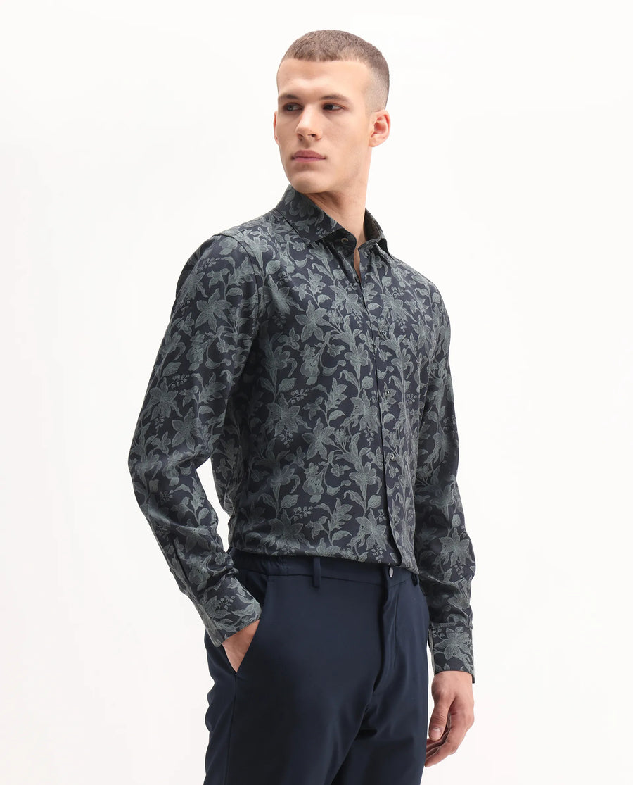 Rare Rabbit Men's Ringer-S Dusky Green Cotton Jacquard Regular Fit Full Sleeve Collared Shirt