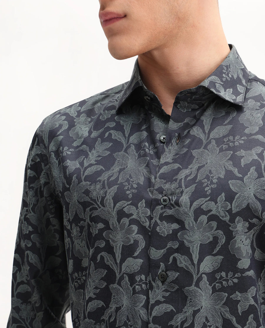 Rare Rabbit Men's Ringer-S Dusky Green Cotton Jacquard Regular Fit Full Sleeve Collared Shirt