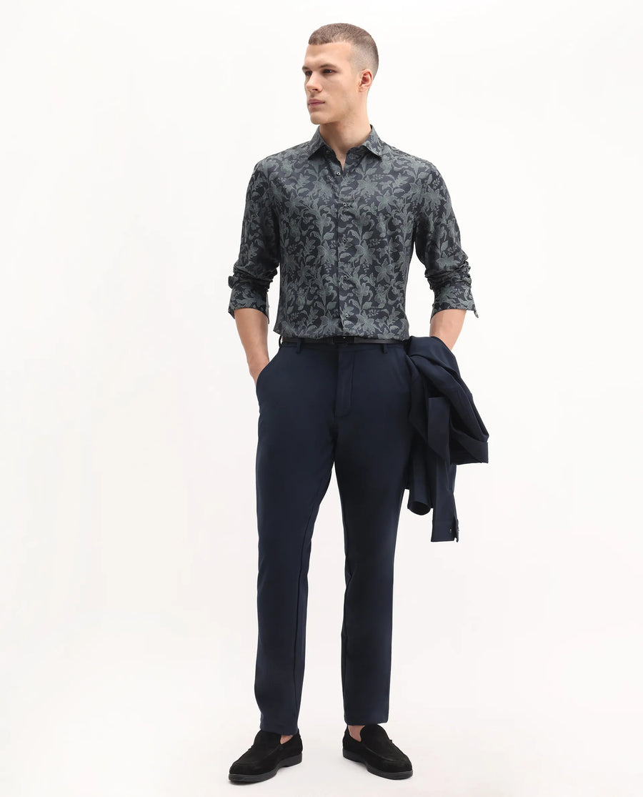 Rare Rabbit Men's Ringer-S Dusky Green Cotton Jacquard Regular Fit Full Sleeve Collared Shirt