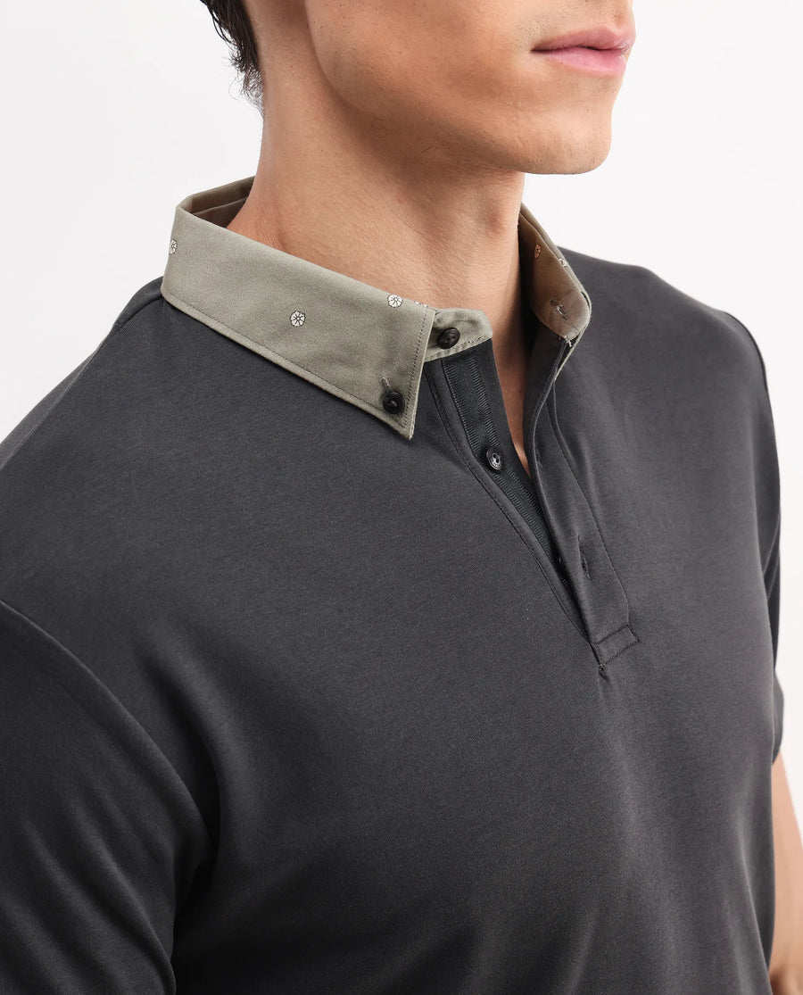 Rare Rabbit Men's Ringer-1 Olive Cotton Printed Regular Fit Half Sleeve Polo