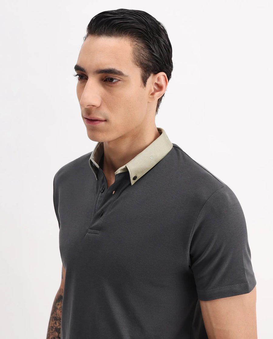 Rare Rabbit Men's Ringer-1 Olive Cotton Printed Regular Fit Half Sleeve Polo