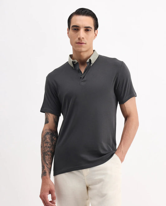 Rare Rabbit Men's Ringer-1 Olive Cotton Printed Regular Fit Half Sleeve Polo
