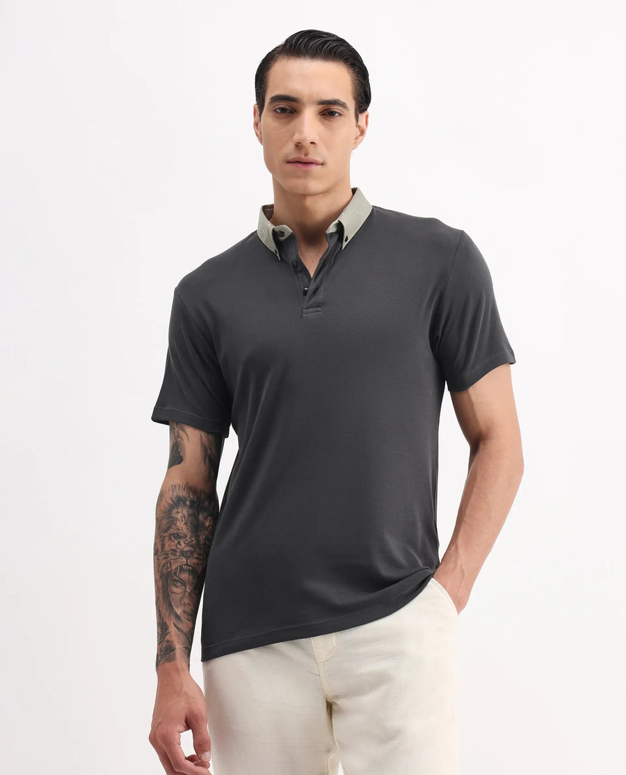 Rare Rabbit Men's Ringer-1 Olive Cotton Printed Regular Fit Half Sleeve Polo