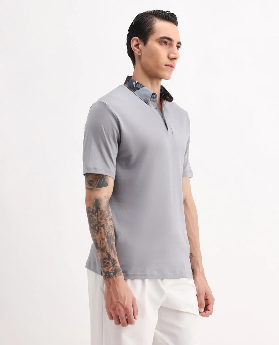 Rare Rabbit Men's Ringer2 Grey Cotton Printed Regular Fit Half Sleeve Polo