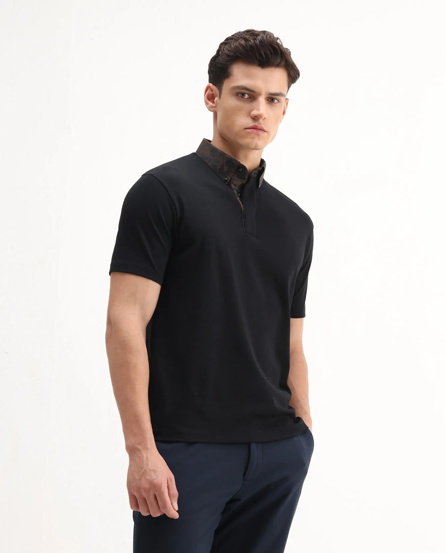 Rare Rabbit Men's Ringer-A25 Black Cotton Plain Regular Fit Half Sleeve Polo