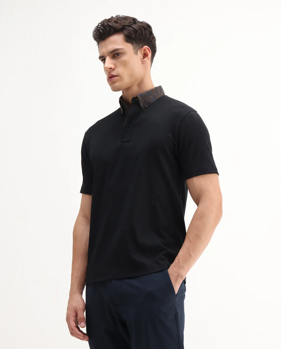 Rare Rabbit Men's Ringer-A25 Black Cotton Plain Regular Fit Half Sleeve Polo