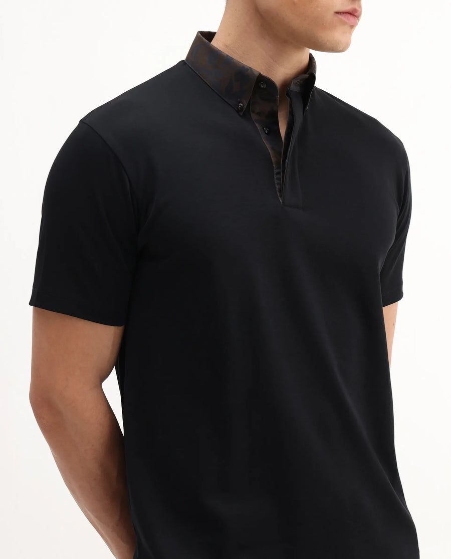 Rare Rabbit Men's Ringer-A25 Black Cotton Plain Regular Fit Half Sleeve Polo