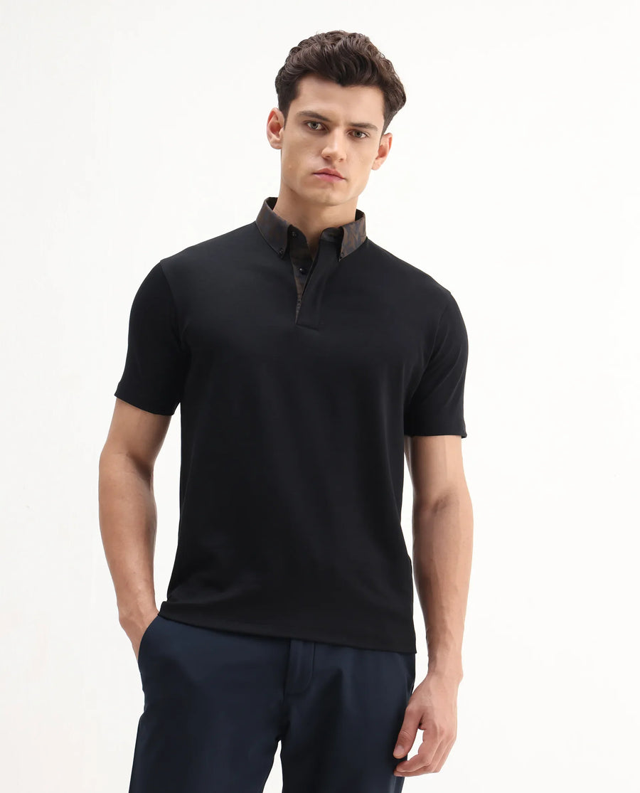 Rare Rabbit Men's Ringer-A25 Black Cotton Plain Regular Fit Half Sleeve Polo