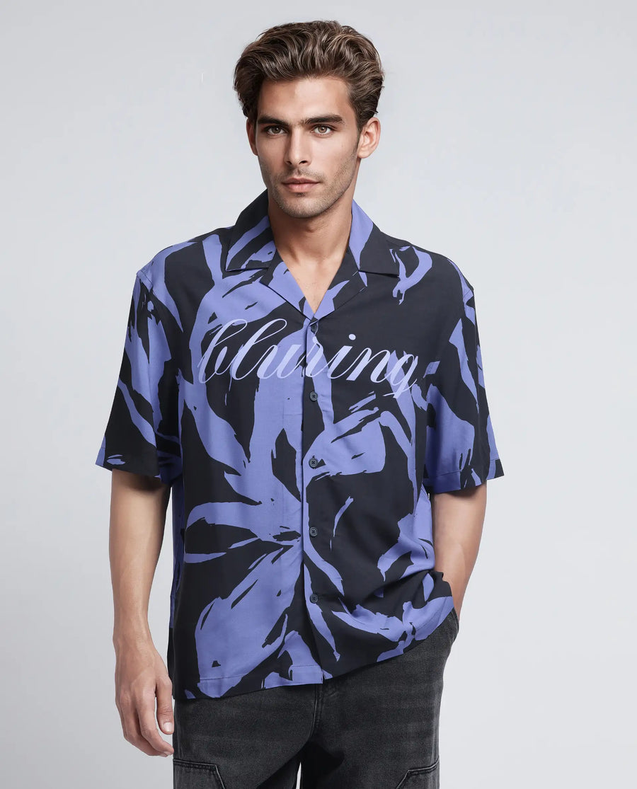 Rare Rabbit Men's Rinz Black Viscose Abstract Print Oversized Fit Half Sleeve Cuban Collar Shirt