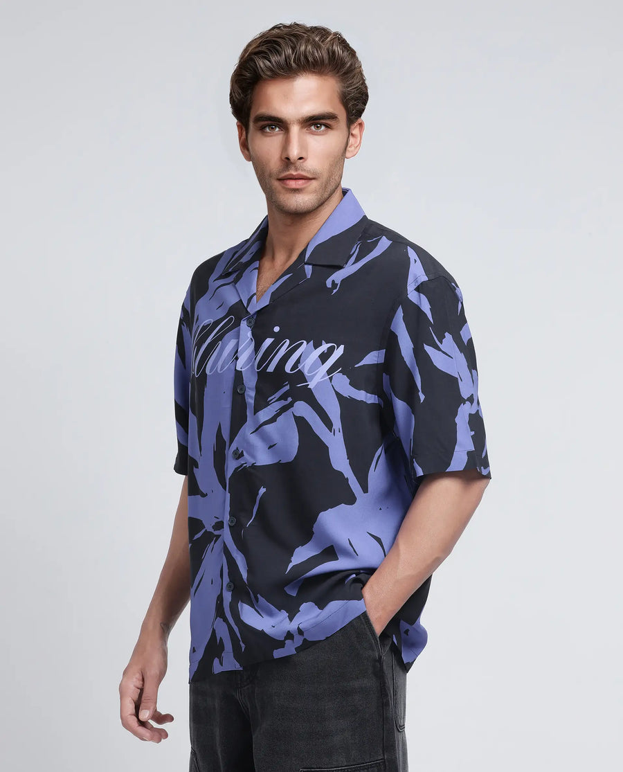 Rare Rabbit Men's Rinz Black Viscose Abstract Print Oversized Fit Half Sleeve Cuban Collar Shirt