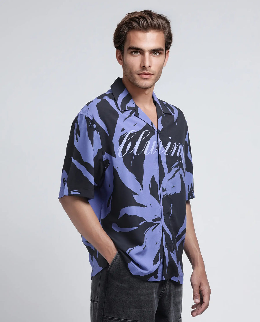 Rare Rabbit Men's Rinz Black Viscose Abstract Print Oversized Fit Half Sleeve Cuban Collar Shirt