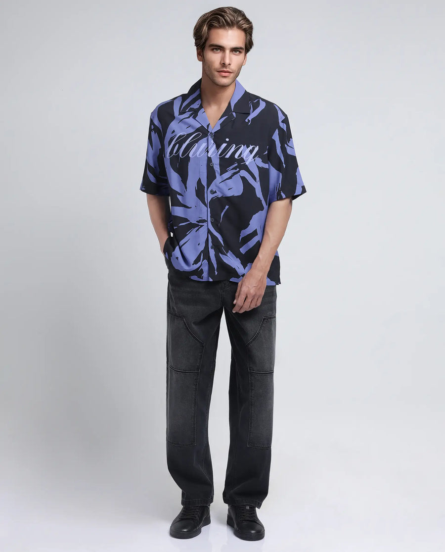Rare Rabbit Men's Rinz Black Viscose Abstract Print Oversized Fit Half Sleeve Cuban Collar Shirt