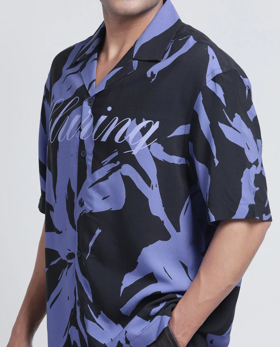 Rare Rabbit Men's Rinz Black Viscose Abstract Print Oversized Fit Half Sleeve Cuban Collar Shirt