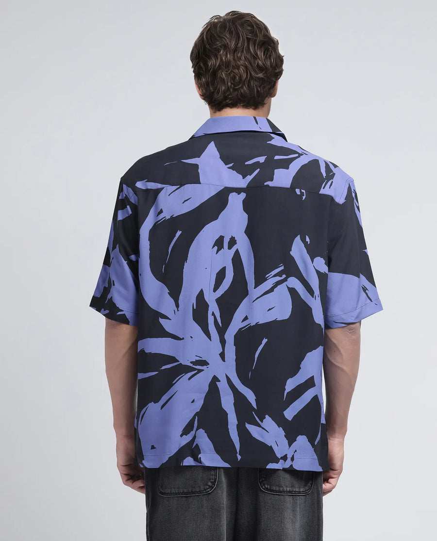 Rare Rabbit Men's Rinz Black Viscose Abstract Print Oversized Fit Half Sleeve Cuban Collar Shirt