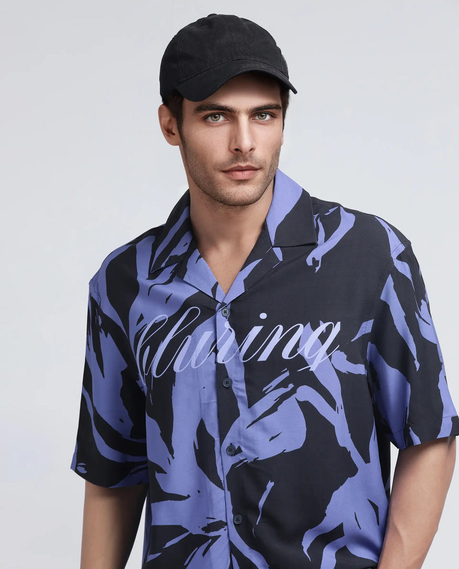 Rare Rabbit Men's Rinz Black Viscose Abstract Print Oversized Fit Half Sleeve Cuban Collar Shirt