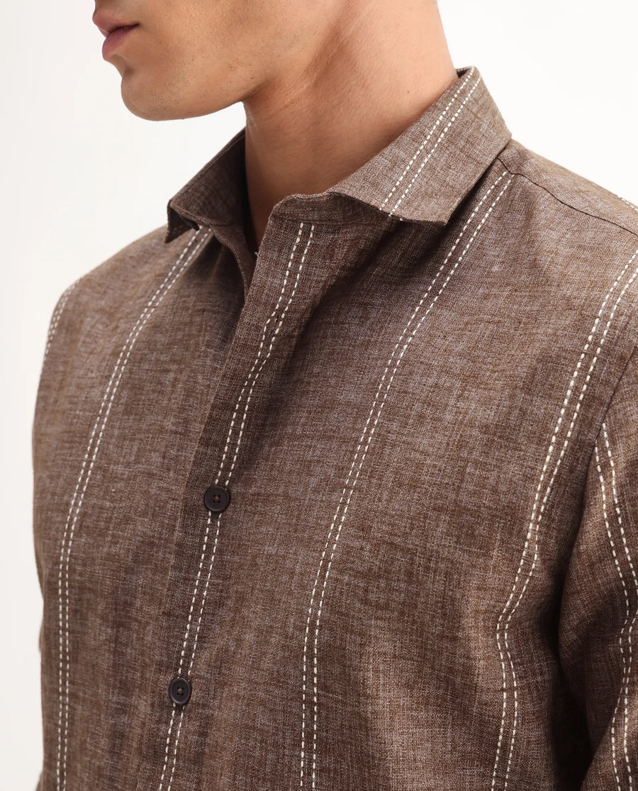 Rare Rabbit Men's Riog Brown Poly Blend Striped Print Regular Fit Full Sleeve Collared Shirt