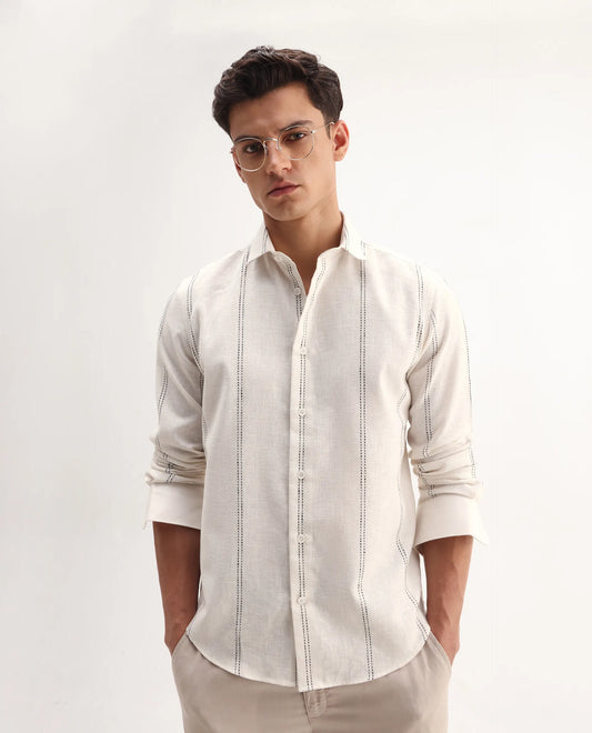 Rare Rabbit Men's Riog White Poly Blend Striped Print Regular Fit Full Sleeve Collared Shirt