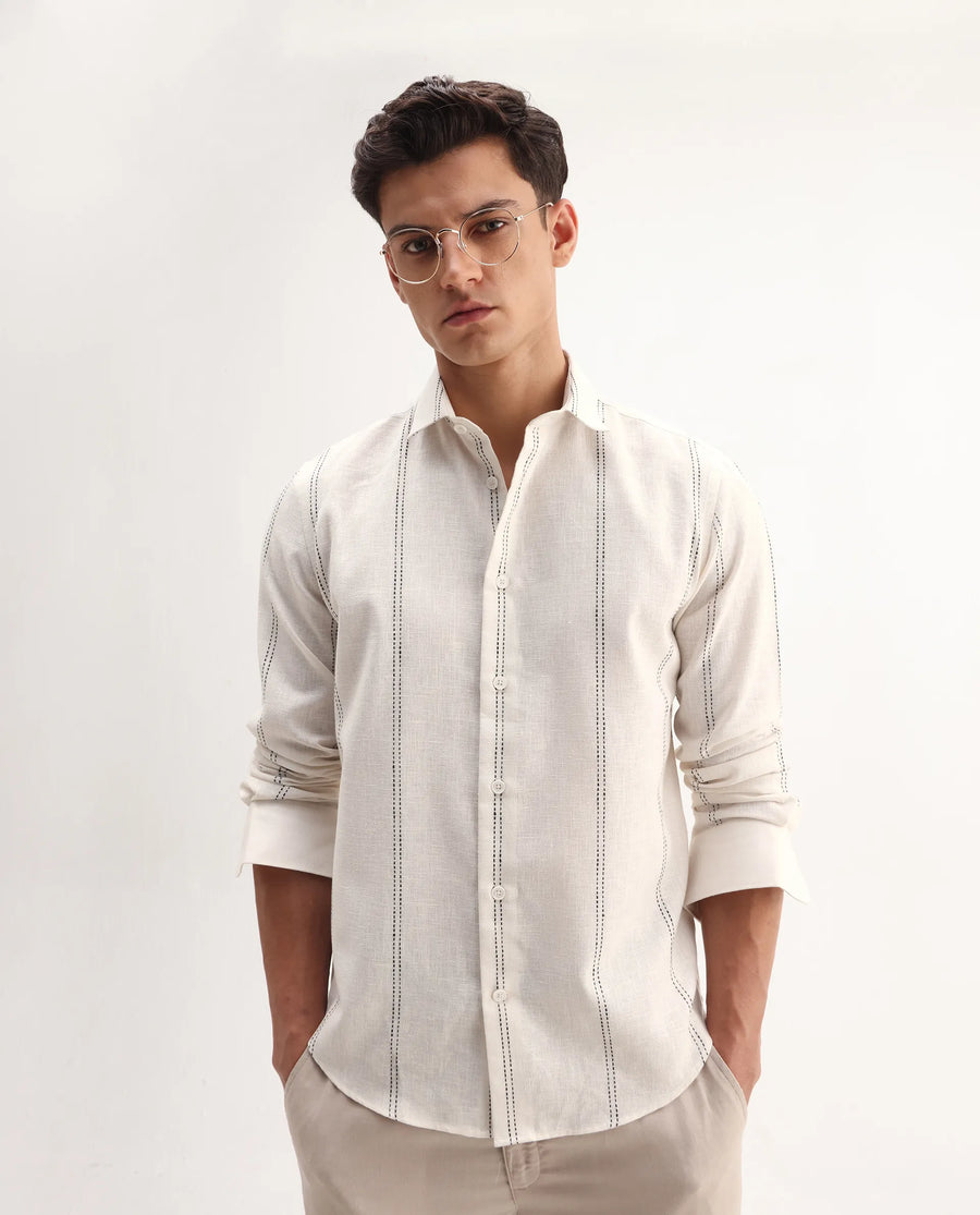 Rare Rabbit Men's Riog White Poly Blend Striped Print Regular Fit Full Sleeve Collared Shirt