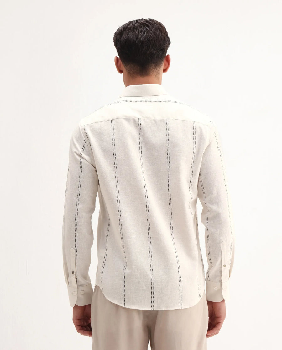 Rare Rabbit Men's Riog White Poly Blend Striped Print Regular Fit Full Sleeve Collared Shirt