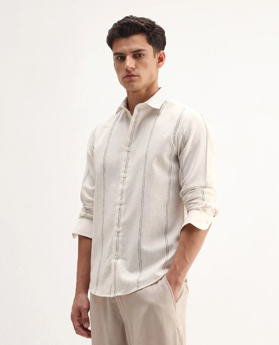 Rare Rabbit Men's Riog White Poly Blend Striped Print Regular Fit Full Sleeve Collared Shirt