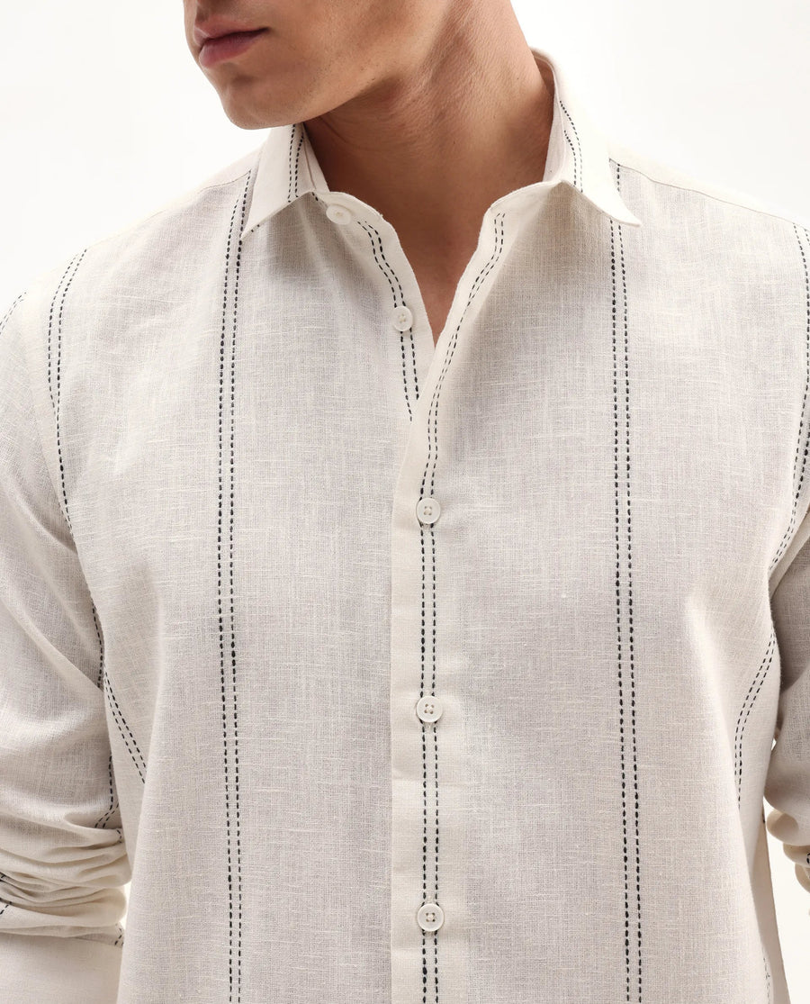 Rare Rabbit Men's Riog White Poly Blend Striped Print Regular Fit Full Sleeve Collared Shirt