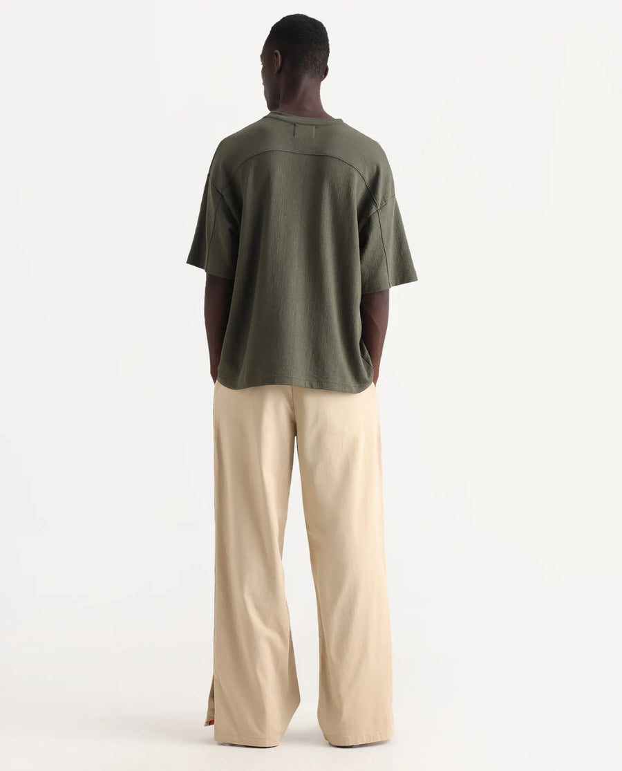 Rare Rabbit Men's Riol Beige Cotton Blend Plain Wide Leg Trouser