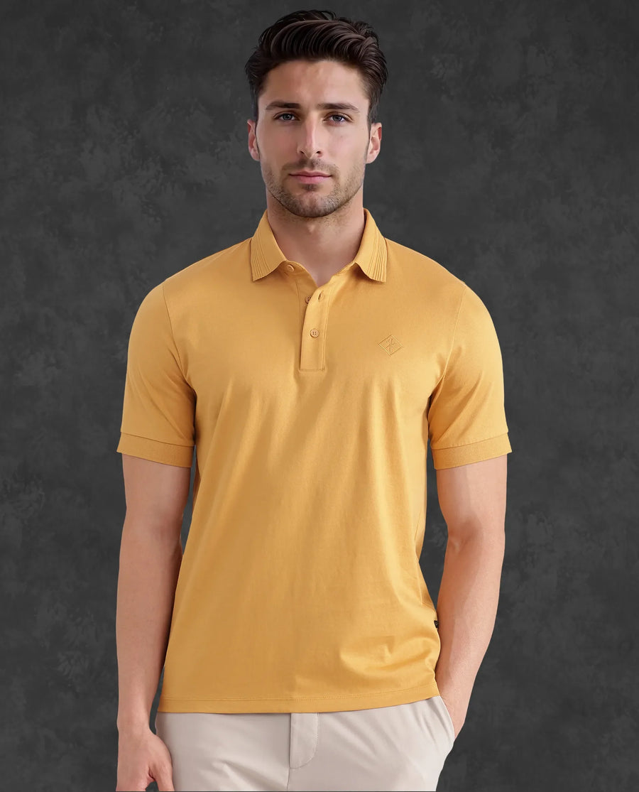 Rare Rabbit Men's Ripl Mustard Cotton Plain Regular Fit Half Sleeve Polo