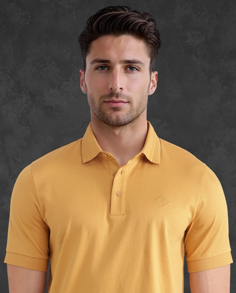 Rare Rabbit Men's Ripl Mustard Cotton Plain Regular Fit Half Sleeve Polo