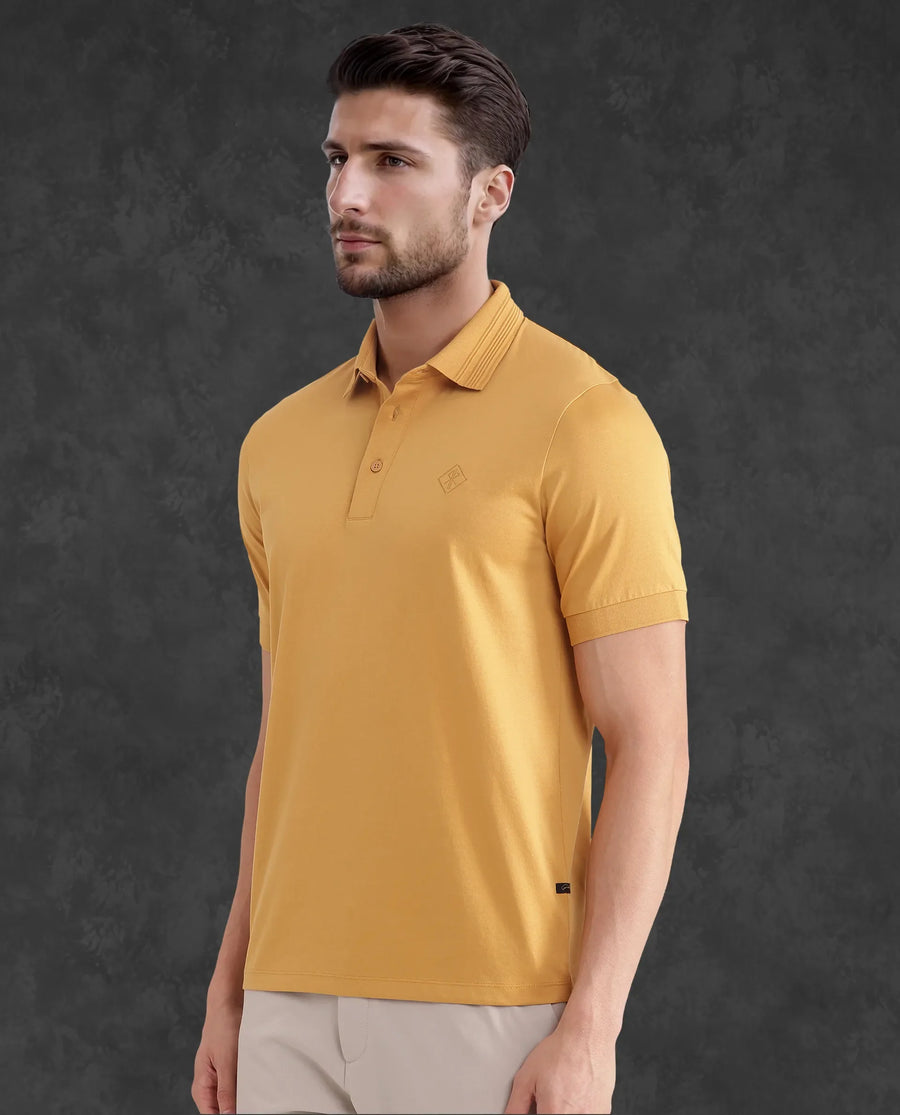 Rare Rabbit Men's Ripl Mustard Cotton Plain Regular Fit Half Sleeve Polo